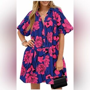 NEW Button Down Floral Puff Short Sleeve Casual Loose Beach Mini Shirt Dress M